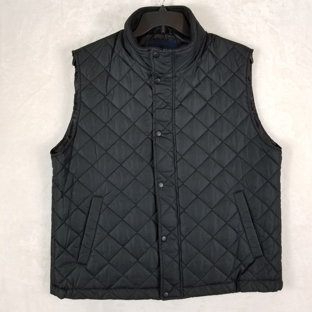 Cole‎ Haan Quilted Vest Mens XL Black Diamond Pattern Snap Front Mock Neck